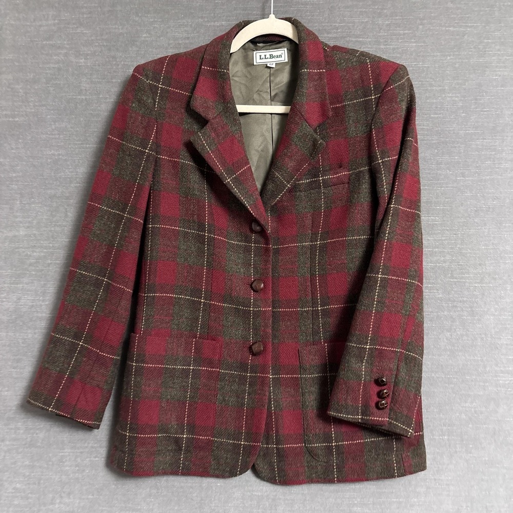 Vintage LL Bean Blazer‎ 6 Petite Red Brown Plaid Classic Holiday Casual Career
